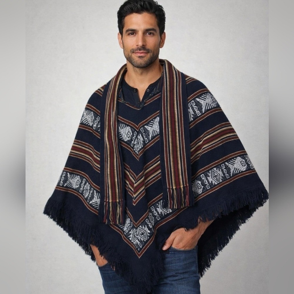 Tejidos Diaz Poncho‎ Scarf Embroidered Wool Ethnic Ecuador Southwest OS Unisex